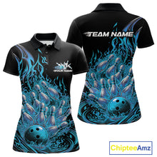 Load image into Gallery viewer, Front and back view of a women’s polo shirt featuring flaming bowling ball striking pins purple explosive fire burst artwork
