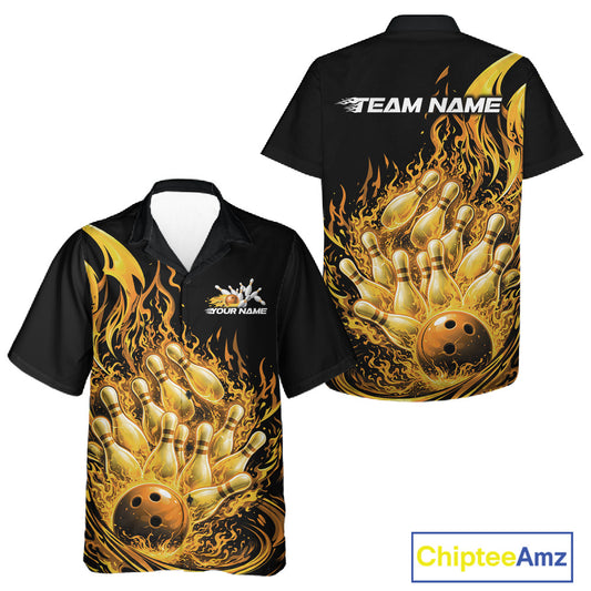Front and back views of a black and yellow button-up bowling shirt showcasing fiery bowling ball artwork striking pins.