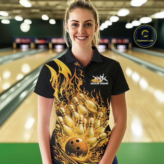 Female model in bowling lane wearing polo shirt with flaming bowling ball striking pins pink dynamic fire graphics