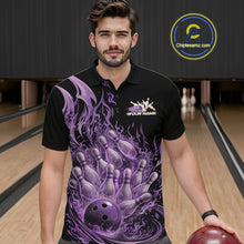 Load image into Gallery viewer, Custom Purple Fire Flame Bowling Men Polo Shirts, Bowling Team League Shirt IPHW11140