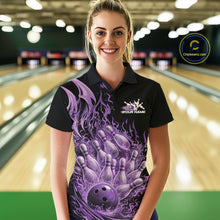 Load image into Gallery viewer, Female model in bowling lane wearing polo shirt with flaming bowling ball striking pins red blazing fire design