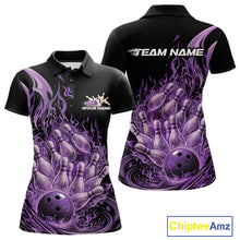 Load image into Gallery viewer, Front and back view of a women’s polo shirt featuring flaming bowling ball crashing into pins red fire theme artwork