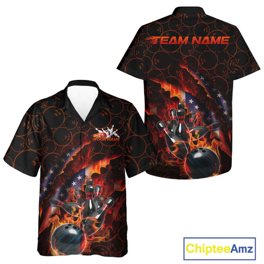 Custom Patriotic Flame Men And Women Bowling Team Shirt, US Flag Bowling League Team Shirt IPHW10192