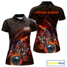 Load image into Gallery viewer, Custom Patriotic Flame Women Bowling Team Shirt, US Flag Bowling League Team Shirt IPHW10192