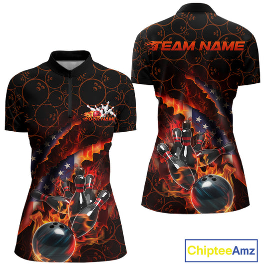 Custom Patriotic Flame Women Bowling Team Shirt, US Flag Bowling League Team Shirt IPHW10192
