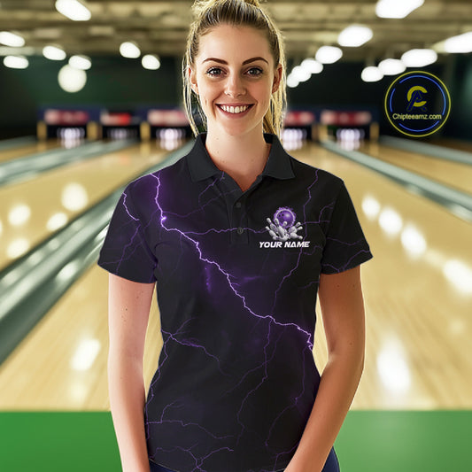 Custom Purple Thunder Lightning Flame Bowling Ball Women Bowling Team Shirt Bowler Outfit IPHW10671
