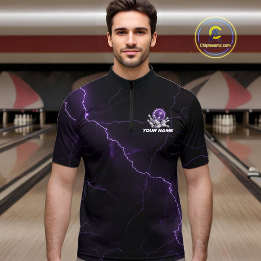 Custom Purple Thunder Lightning Flame Bowling Ball Men Bowling Team Shirt Bowler Outfit IPHW10671