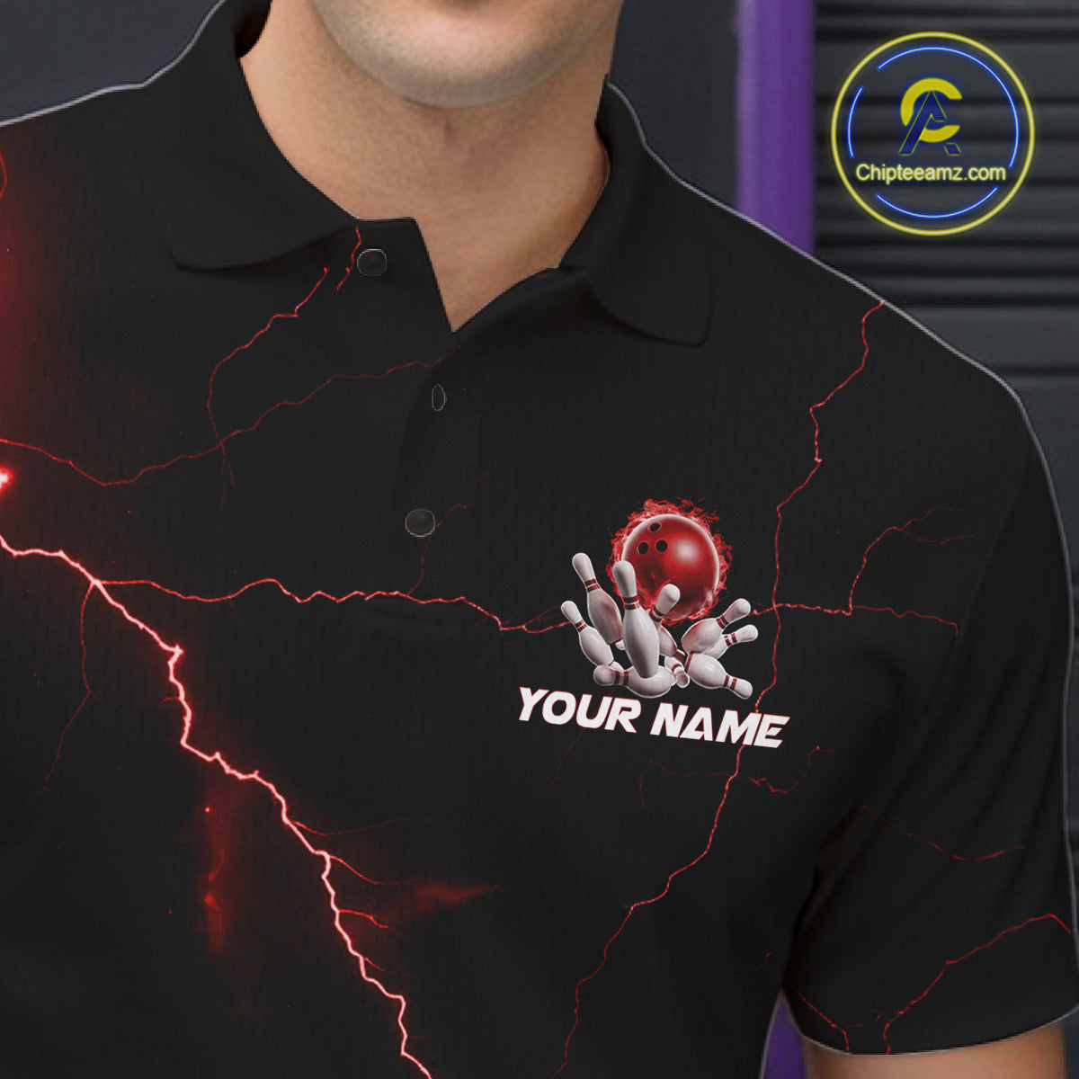 Custom Red Thunder Lightning Flame Bowling Ball Men Bowling Team Shirt Bowler Outfit IPHW10672
