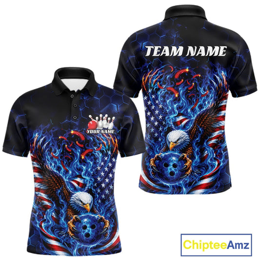Front and back men’s bowling polo shirt mockup with flaming bald eagle gripping a blue bowling ball, American flag details, and blue flames.