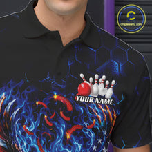 Load image into Gallery viewer, Close up of the left chest on a bowling polo shirt with flaming bald eagle artwork, blue bowling ball, American flag, and blue flames.