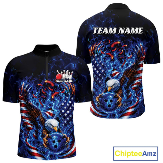 Front and back men’s bowling quarter zip shirt mockup featuring flaming bald eagle artwork, blue bowling ball, American flag, and blue flames.