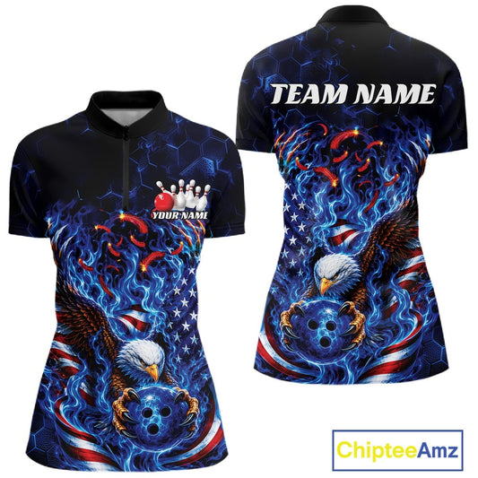 Front and back women’s bowling quarter zip mockup featuring flaming bald eagle artwork, blue bowling ball, American flag details, and blue flames.