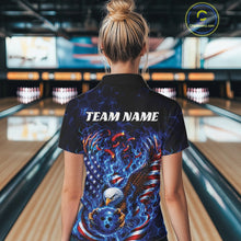 Load image into Gallery viewer, Back view of a female model in a bowling lane wearing a quarter zip shirt with flaming bald eagle, blue bowling ball, American flag, and blue flames.