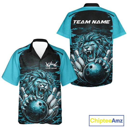 Custom Orange Camo Lion Bowling Men And Women Hawaiian Shirt, Lion Bowling Team League Shirt IPHW10369