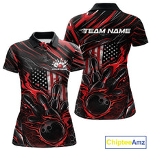 Load image into Gallery viewer, Front and back view of a black and red women’s bowling polo shirt featuring a patriotic flaming bowling ball striking pins and American flag details.