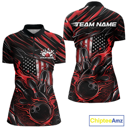 Women’s quarter zip bowling shirt mockup featuring black and red colorway with patriotic flames bowling ball striking pins and American flag themed accents
