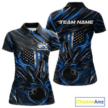 Load image into Gallery viewer, Front and back mockup of a black and blue women’s bowling polo shirt showcasing a patriotic flaming bowling ball striking pins with an American flag theme.