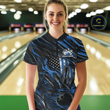 Load image into Gallery viewer, Custom Blue American Flag Flame Women Bowling Shirt, Patriotic Bowling Jersey IPHW11176