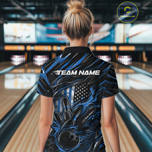 Load image into Gallery viewer, Custom Blue American Flag Flame Women Bowling Shirt, Patriotic Bowling Jersey IPHW11176