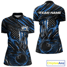 Load image into Gallery viewer, Custom Blue American Flag Flame Women Bowling Shirt, Patriotic Bowling Jersey IPHW11176