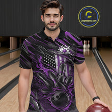 Load image into Gallery viewer, Male model at a bowling lane wearing a black and purple bowling polo shirt with patriotic bowling strike artwork and fiery graphics.