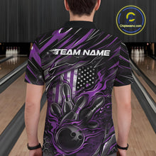 Load image into Gallery viewer, Back view of a male model in a bowling venue wearing a black and purple polo shirt showcasing a flaming bowling ball and patriotic pin motif.