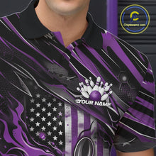 Load image into Gallery viewer, Close-up of the left chest area on a black and purple bowling polo shirt featuring a patriotic bowling strike graphic with flame effects.