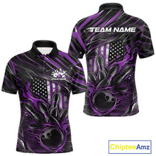 Load image into Gallery viewer, Front and back view of a black and purple men’s bowling polo shirt featuring a patriotic flaming bowling ball striking pins with American flag accents.