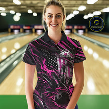Load image into Gallery viewer, Custom Pink American Flag Flame Women Bowling Polo Shirt, Patriotic Bowling Jersey IPHW11178