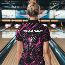Load image into Gallery viewer, Custom Pink American Flag Flame Women Bowling Polo Shirt, Patriotic Bowling Jersey IPHW11178