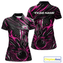 Load image into Gallery viewer, Custom Pink American Flag Flame Women Bowling Polo Shirt, Patriotic Bowling Jersey IPHW11178