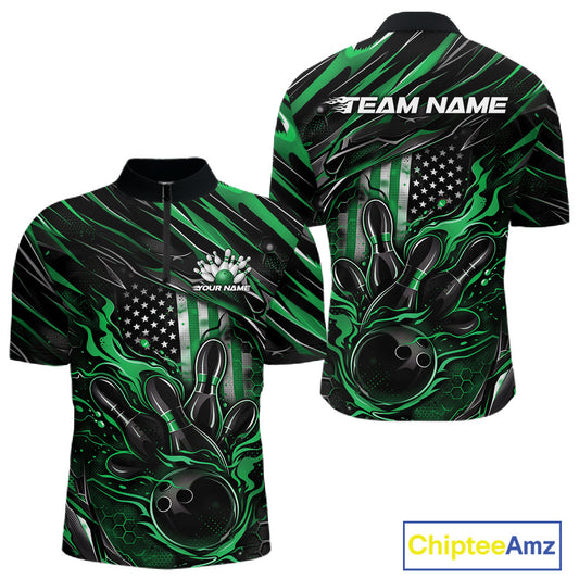 Front and back view of a black and green men’s bowling quarter-zip shirt featuring a patriotic flaming bowling ball striking pins with American flag graphics.