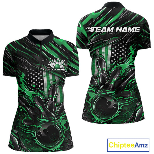 Women’s quarter zip bowling shirt mockup displaying black and green colorway with patriotic flames bowling ball striking pins and American flag inspired styling
