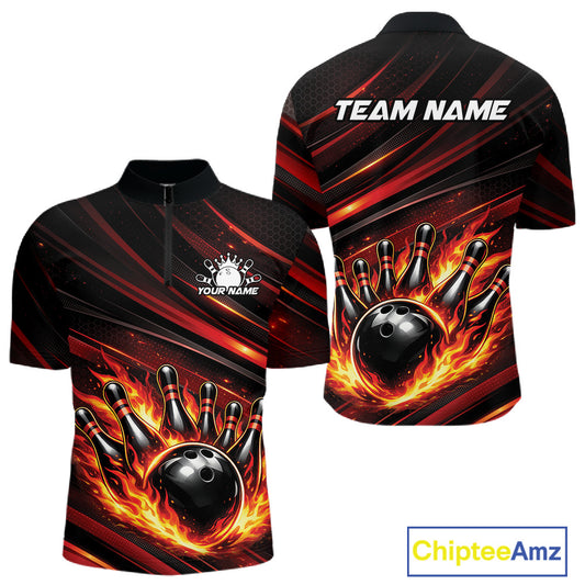 Front and back view of a black and red-orange men’s bowling quarter-zip shirt showcasing a fiery bowling ball striking pins with abstract stripes.