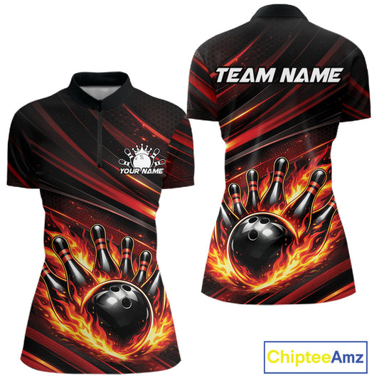 Women’s quarter zip bowling shirt mockup featuring black and red orange shirt with fiery bowling ball striking pins and abstract stripe artwork