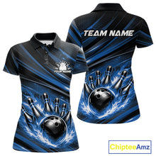 Load image into Gallery viewer, Custom Blue Fire Flame Bowling Team Women Polo Shirt, Bowling League Shirt IPHW11186