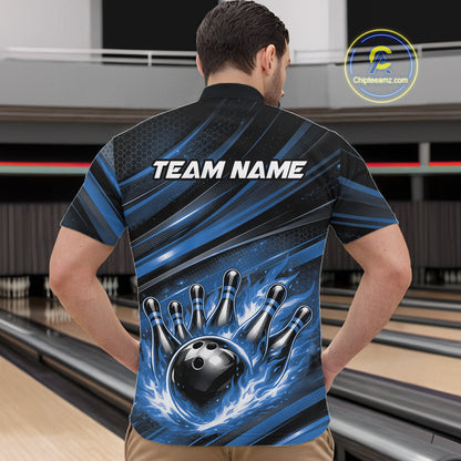 Front view of a male model in a bowling venue wearing a black and blue quarter-zip shirt featuring a bowling strike design.