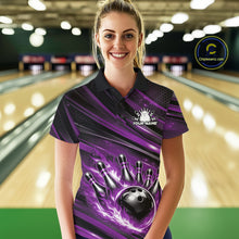 Load image into Gallery viewer, Custom Purple Fire Flame Bowling Team Women Polo Shirt, Bowling League Shirt IPHW11187