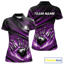 Load image into Gallery viewer, Custom Purple Fire Flame Bowling Team Women Polo Shirt, Bowling League Shirt IPHW11187