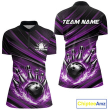 Load image into Gallery viewer, Custom Purple Fire Flame Bowling Team Women Quarter-Zip Shirt, Bowling League Shirt IPHW11187
