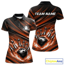 Load image into Gallery viewer, Custom Orange Fire Flame Bowling Team Women Polo Shirt, Bowling League Shirt IPHW11188