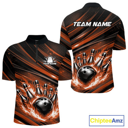 Front and back view of a black and orange men’s bowling quarter-zip shirt showcasing a fiery bowling ball striking pins with abstract stripe graphics.