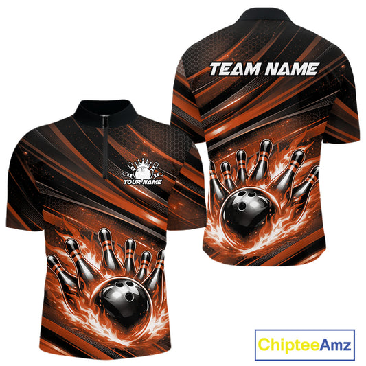 Front and back view of a black and orange men’s bowling quarter-zip shirt showcasing a fiery bowling ball striking pins with abstract stripe graphics.