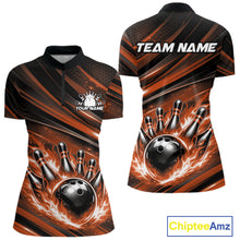 Load image into Gallery viewer, Custom Orange Fire Flame Bowling Team Women Quarter-Zip Shirt, Bowling League Shirt IPHW11188