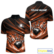 Load image into Gallery viewer, Custom Orange Fire Flame Bowling Team Men Quarter-Zip Shirt, Bowling League Shirt IPHW11188