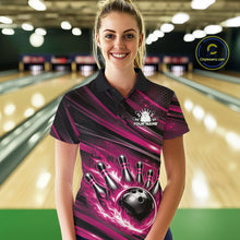Load image into Gallery viewer, Female model at a bowling lane wearing a black and pink bowling polo shirt with fiery bowling action graphics and dynamic stripe accents.