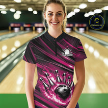 Load image into Gallery viewer, Custom Pink Fire Flame Bowling Team Women Quarter-Zip Shirt, Bowling League Shirt IPHW11189