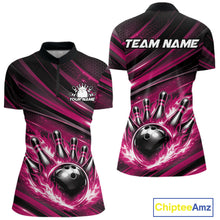 Load image into Gallery viewer, Custom Pink Fire Flame Bowling Team Women Quarter-Zip Shirt, Bowling League Shirt IPHW11189
