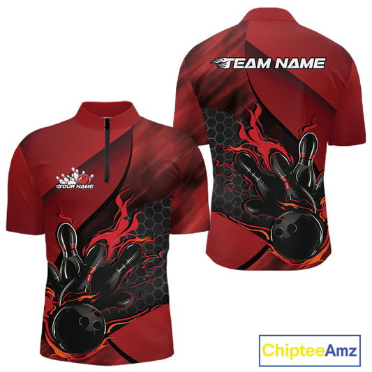 Front and back view of a black and red men’s bowling quarter-zip shirt showcasing a flaming bowling ball striking pins with hexagon graphics.