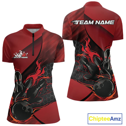 Women’s quarter zip bowling shirt mockup showcasing black and red design with flames around a bowling ball striking pins and hexagon pattern details